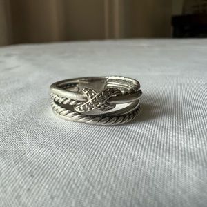 David Yurman X Crossover Band Ring in Sterling Silver with Pavé Diamonds Size 8